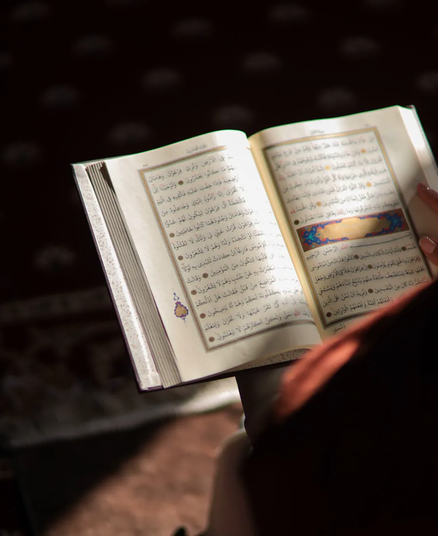 An open Quran held in warm natural light